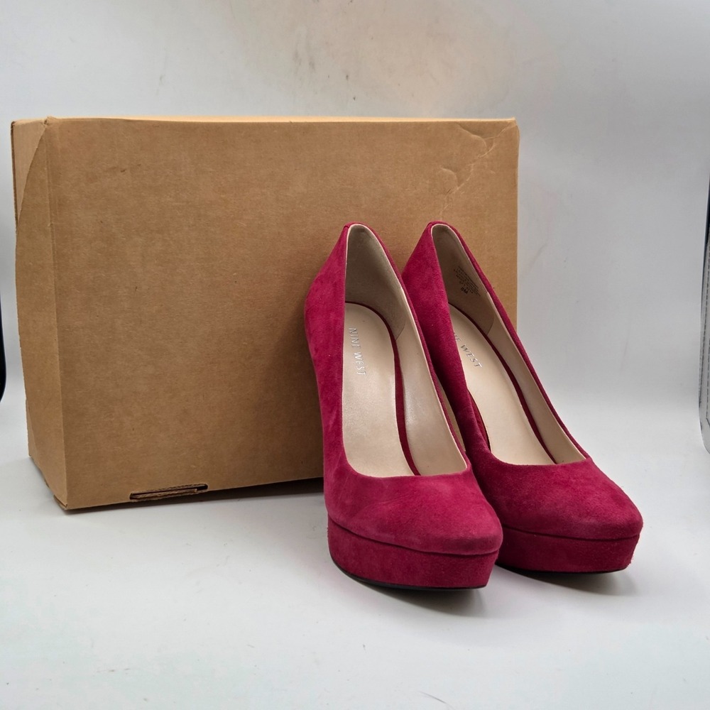 9 West Red Slip on Faux Suede Platform Stiletto Heels Size 8
